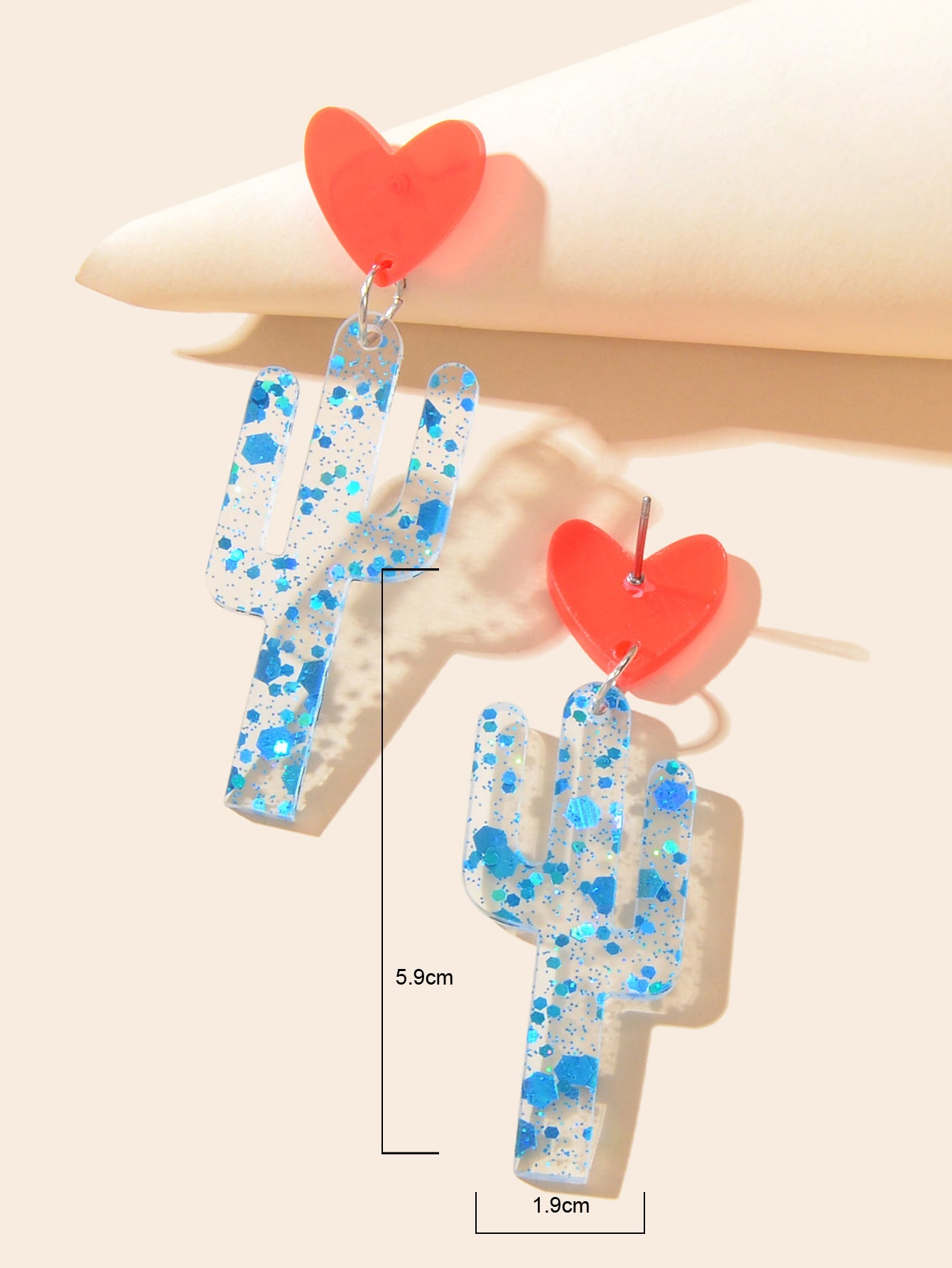 Boho Lightweight Red Heart Blue Cactus Unique Acrylic Transparent Plant Earrings-2