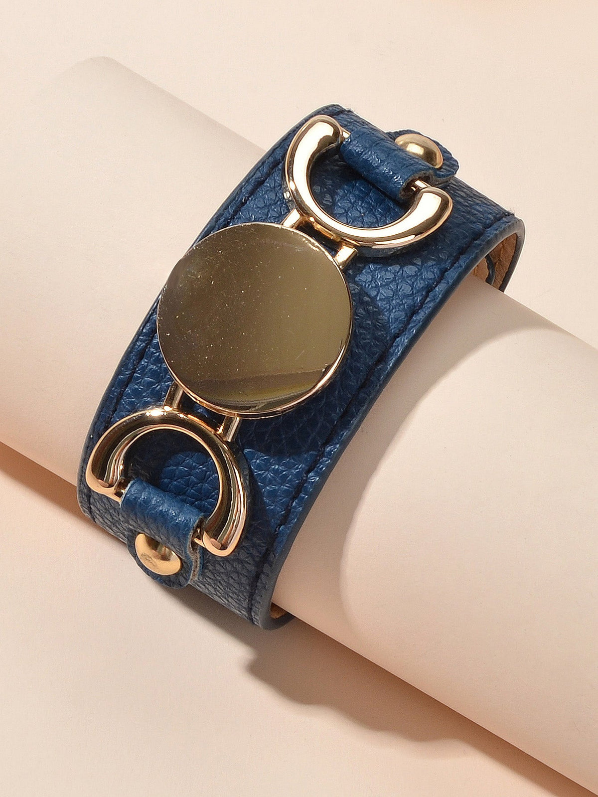 Gold Metal Disc Decor Wide Pu Leather Wrap Bracelet Women Men Wristbands Bangle-2