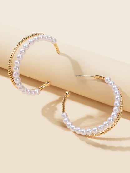 Good Quality Pearl Gold Metal Double layer Circle Chunky Hoop Huggie Earrings-2