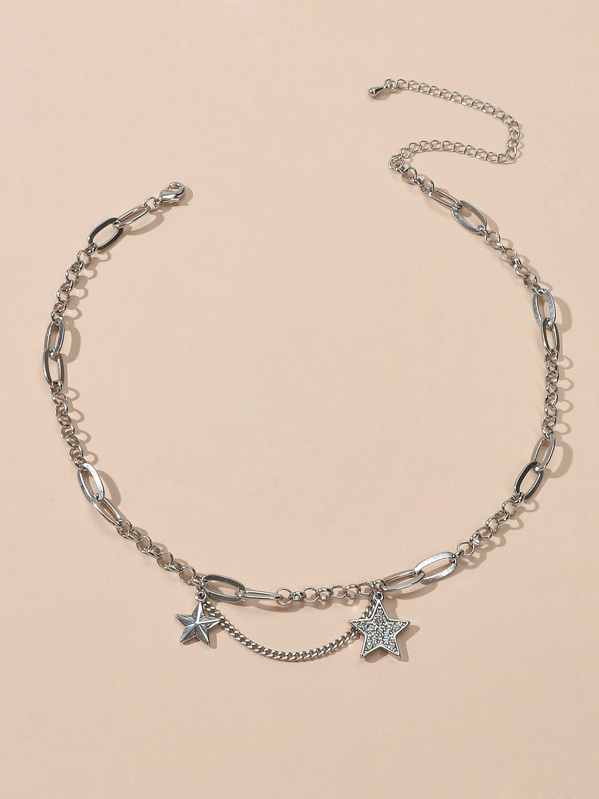 Retro Silver Trendy Paperclip Chain Rhinestone Star Charm Short Collar Necklace-0