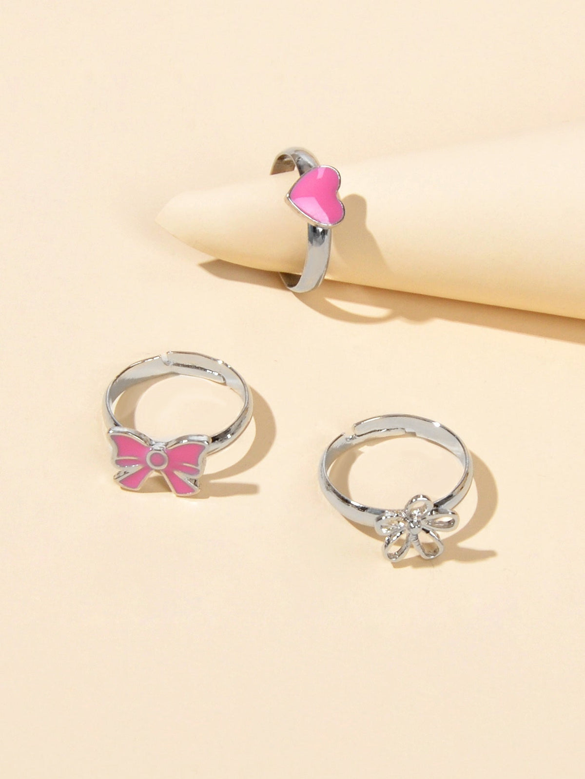 3 pcs Pink Heart Bowknot Trendy Silver Flower Multiple Cuff Finger Ring Set Gift-2