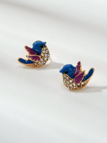 Small Rhinestone Purple Blue Enamel Love Birds Stud Earrings Funny Party Gifts-2