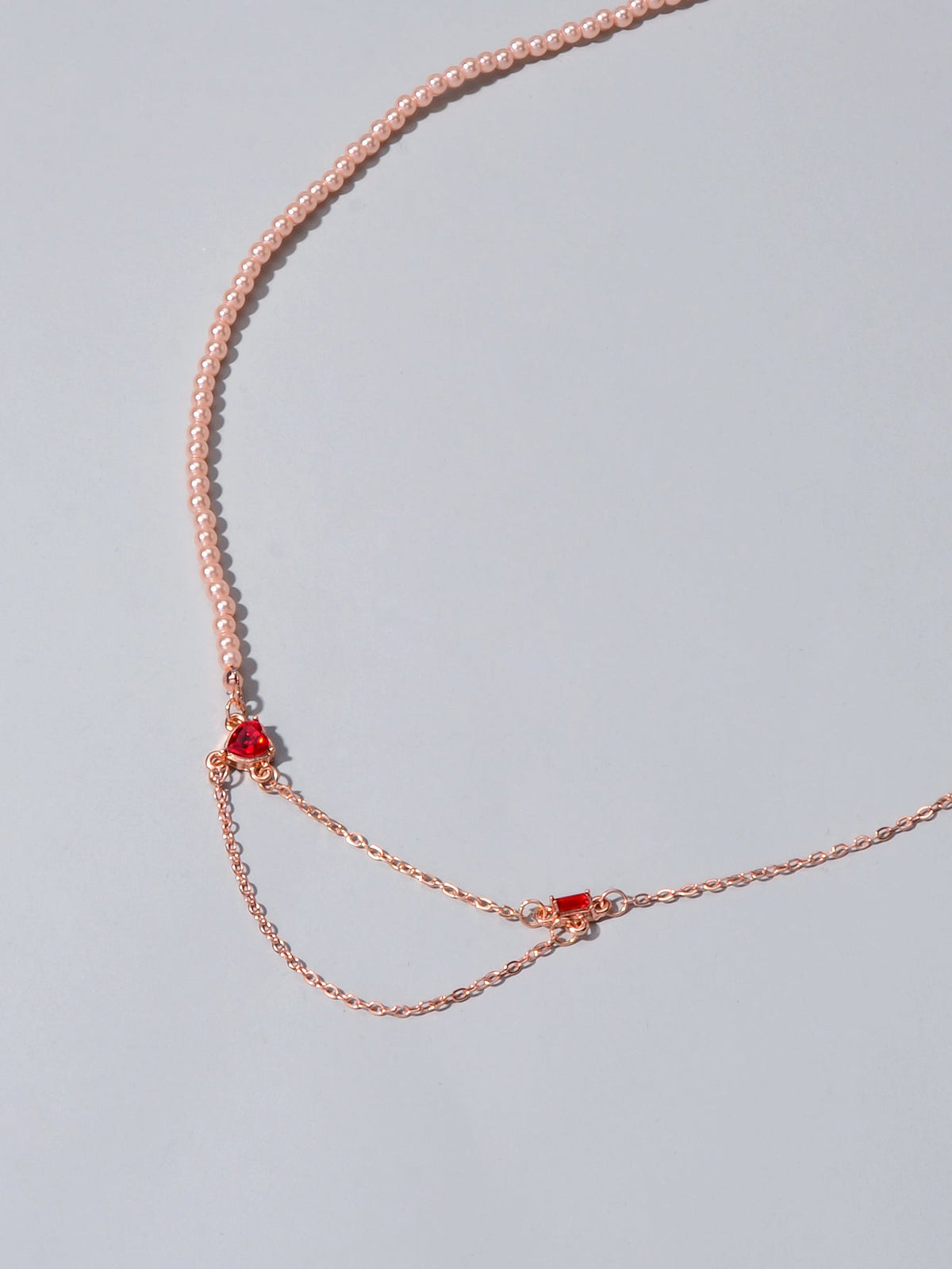 Perfect Engagement Gift Rosegold Chain Pearl Heart Sqaure Red Crystal Necklace-2