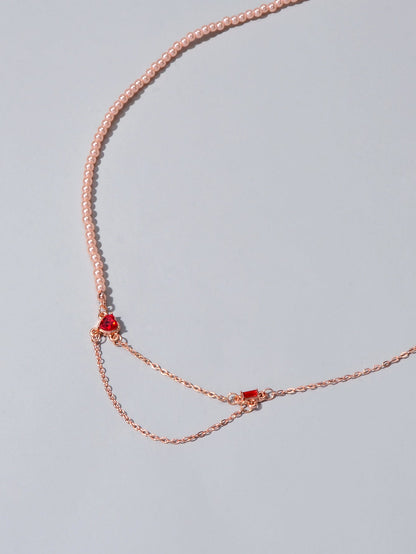 Perfect Engagement Gift Rosegold Chain Pearl Heart Sqaure Red Crystal Necklace-2