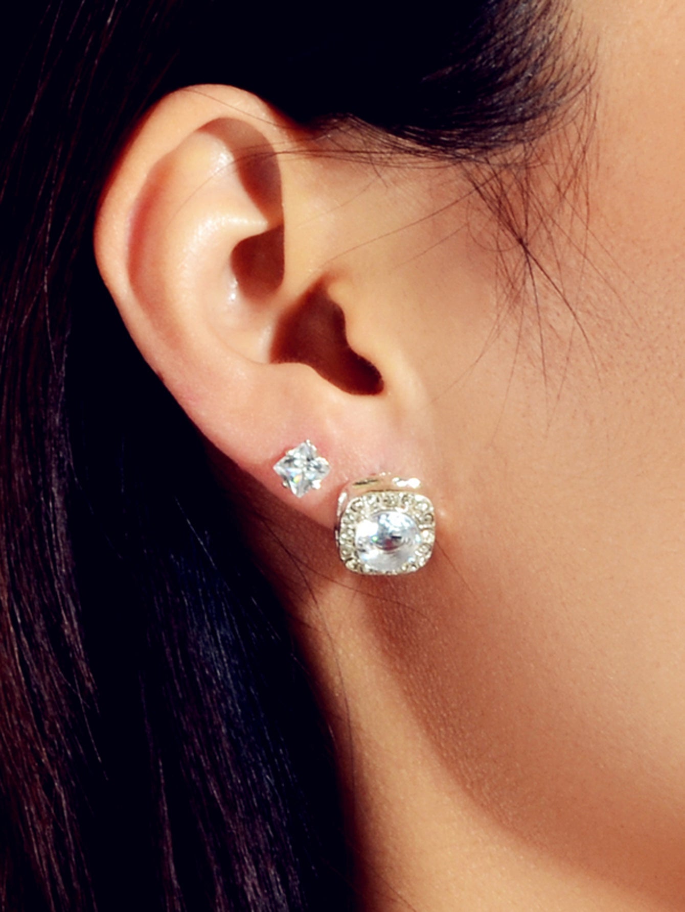 3 pairs Luxury Cubic Zirconia Round Square Stud Earrings Wedding Engagement Gift-3