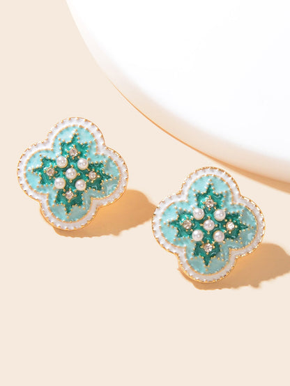 Exquisite Rhinestone and Pearl Decor Green Enamel Flower Stud Earrings for Women-2