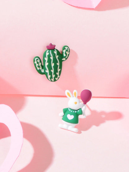 Funny Cartoon Green Cactus Easter Bunny Rabbit Animal Stud Asymmetrical Earrings-2