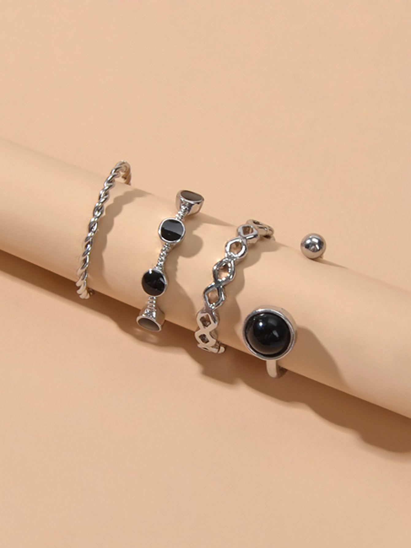 4 pcs Black Enamel Beads Silver Midi Finger Knuckle Multiple Rings set Bulk Pack-2