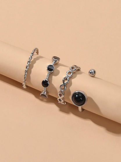 4 pcs Black Enamel Beads Silver Midi Finger Knuckle Multiple Rings set Bulk Pack-2