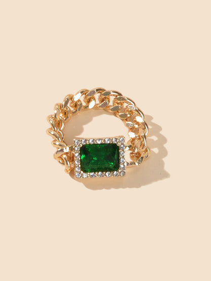 1 pc Textured Luxurious Green Simulated Diamond Gold Chain Toe Ring Foot Jewelry-2