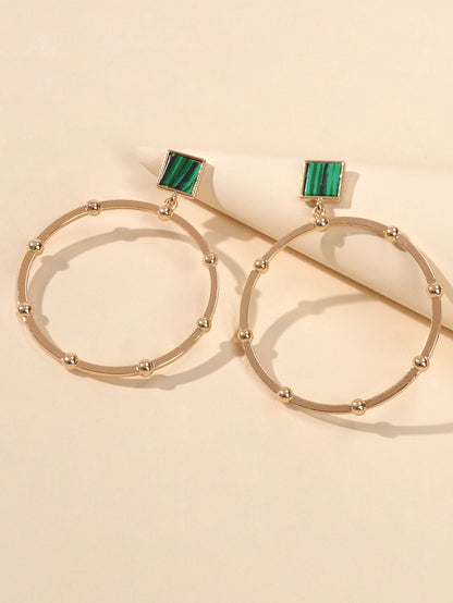 Trendy Jewellery Green Squre Decor Gold Circle Statement Dangle Party Earrings-2