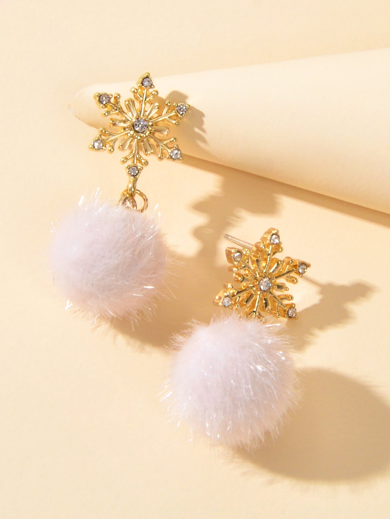 Gold Snowflake Pom Pom Dangle Earrings Round Faux Fur Ball Christmas Earrings-2