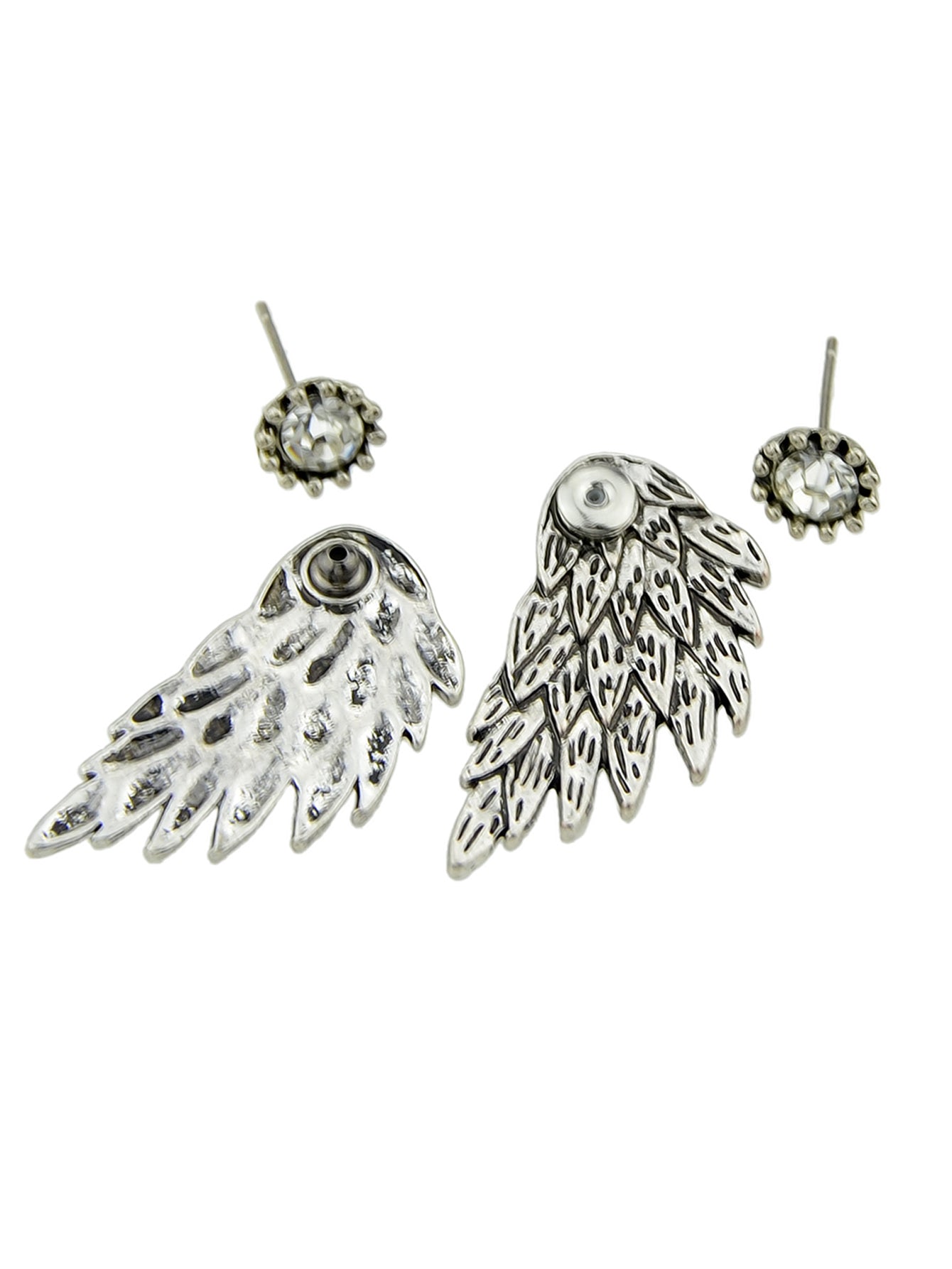 Punk Retro Black Antique Silver Color Rhinestone Wing Stud Earrings Ear Jacket-2