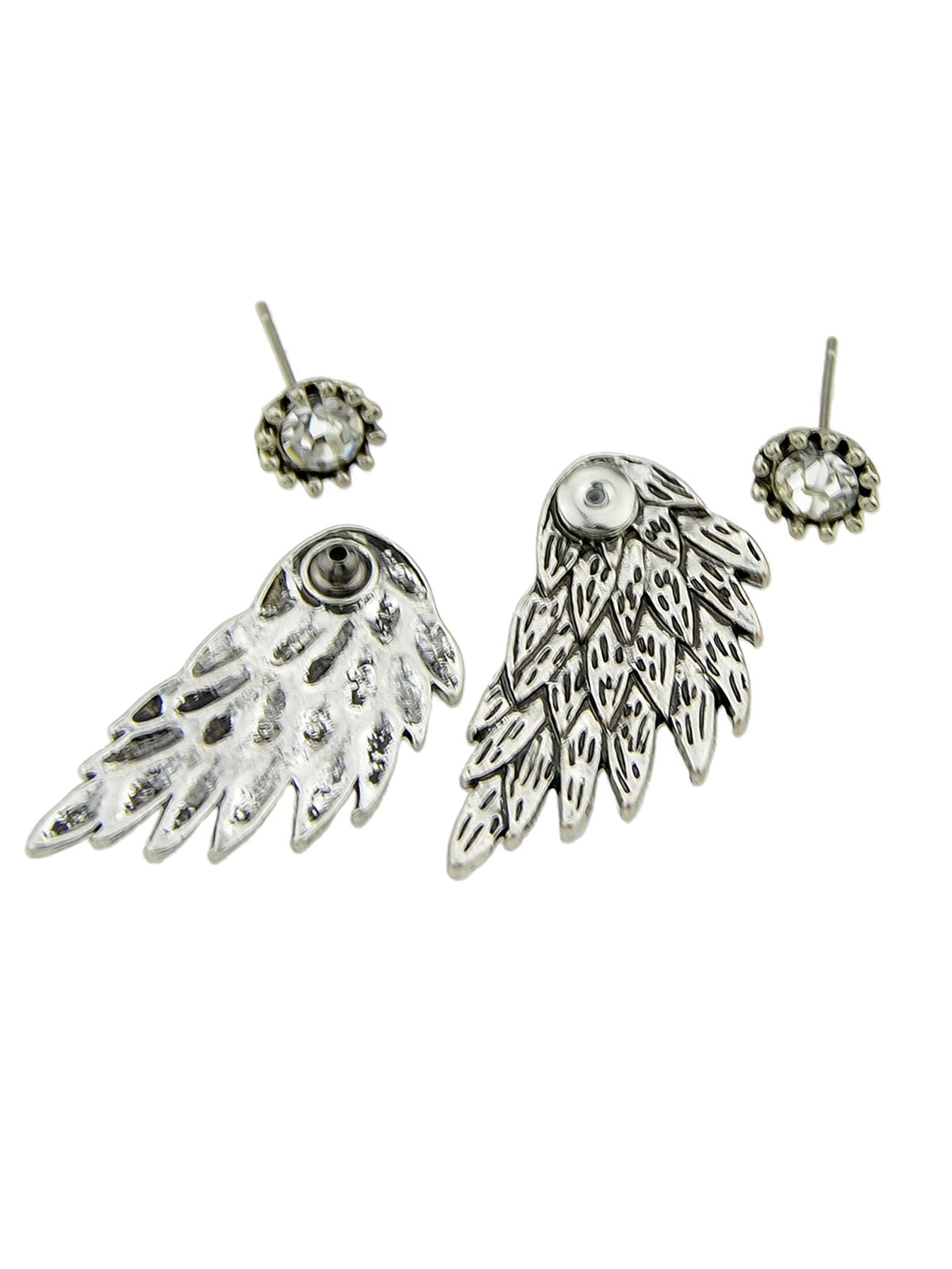 Punk Retro Black Antique Silver Color Rhinestone Wing Stud Earrings Ear Jacket-2
