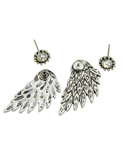 Punk Retro Black Antique Silver Color Rhinestone Wing Stud Earrings Ear Jacket-2