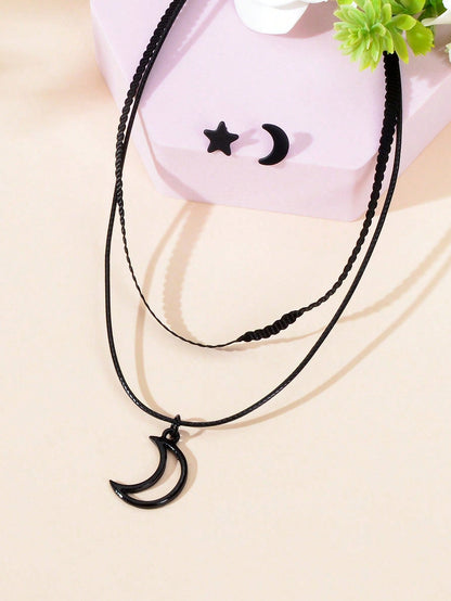 Black Moon Pendant Double Layer Short Necklace Star Crescent Earrings Gift Set-3