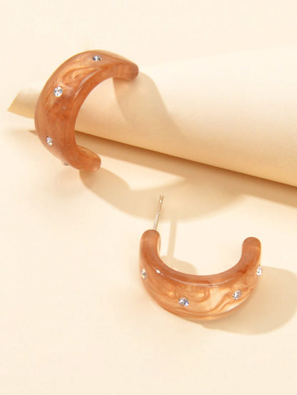 Boho Chic Rhinestone Brown Resin C shape Huggie Pierced Hoop Personality Earring-2