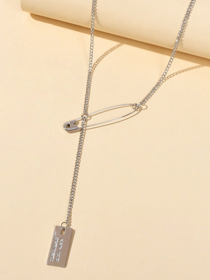 Punk Hip Hop Goth Style Gold Silver Chain Pin Square Pendant Y Lariat Necklace-2