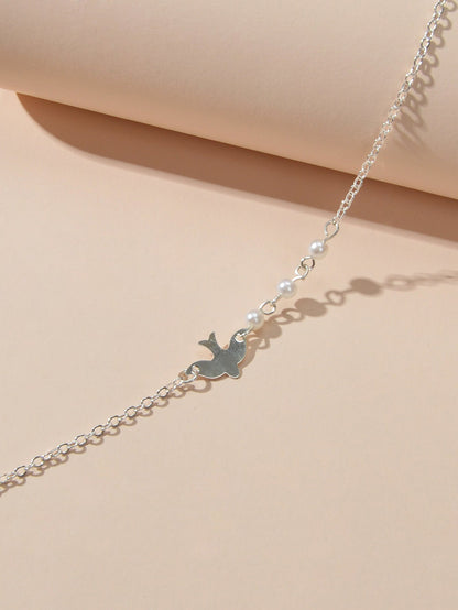 Silver Colour Chain Pearl Decor Bird Bracelet Girls Teens Minimalist Jewellery-2