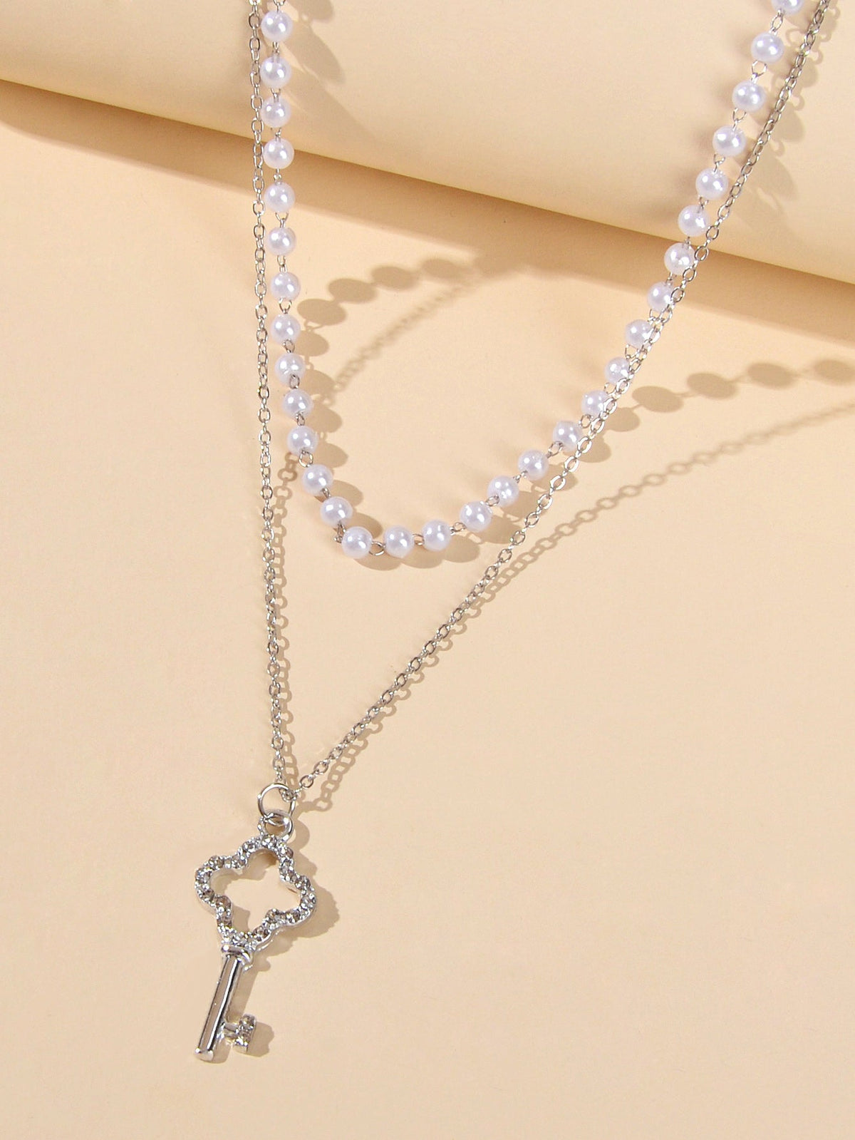 Perfect Wedding Engagement Gift Pearl Double Layer Chain Key Pendant Necklace-2
