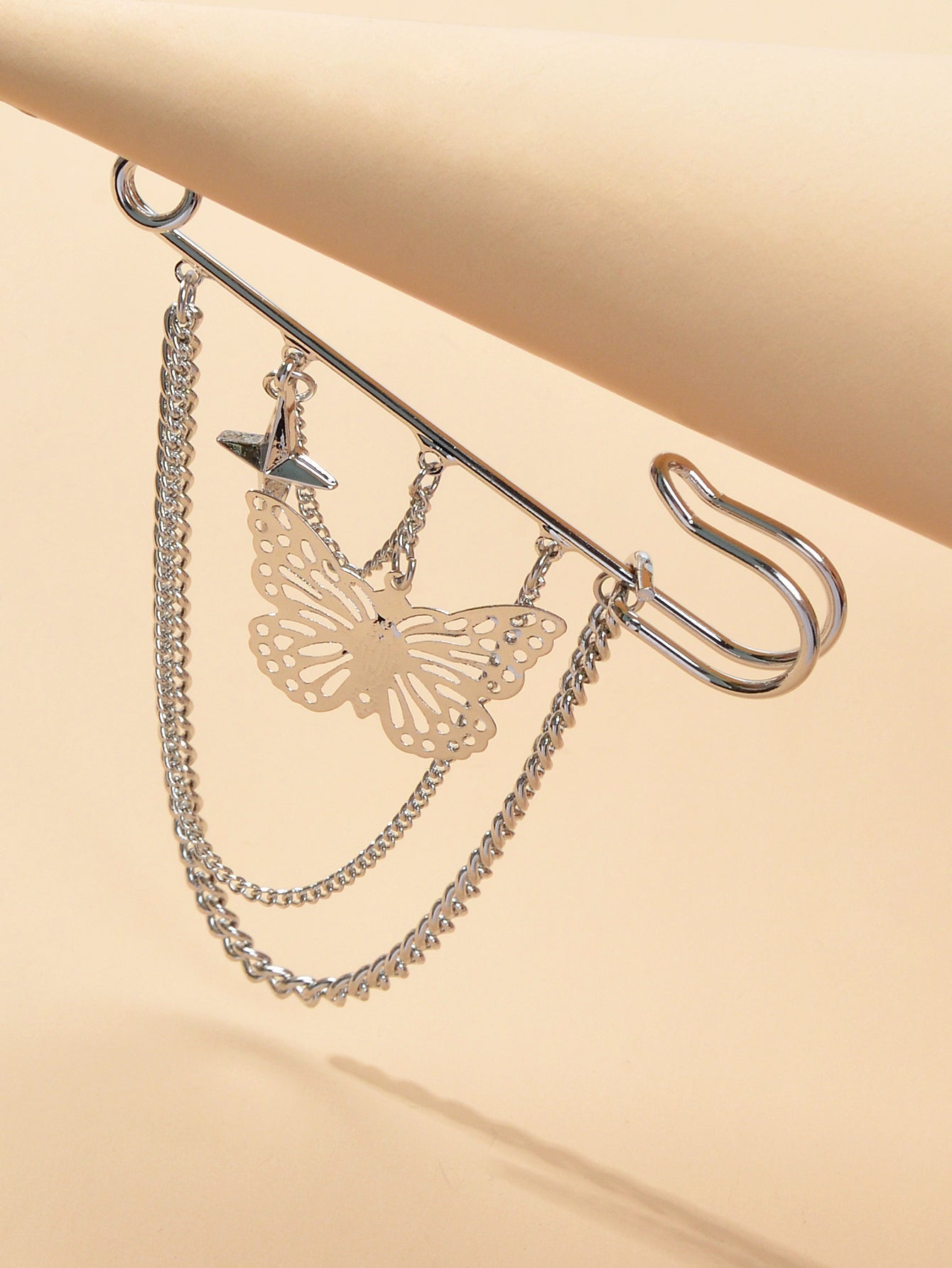 Star Butterfly Charm Silver Chain Tassel Safety Lapel Pins Brooches for Women-2