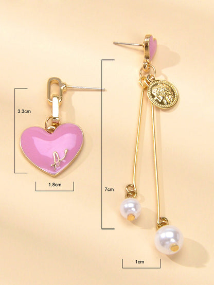 Valentine's Day Jewellery Pearl Cion Charm Pink Enamel Heart Asymmetric Earrings-2