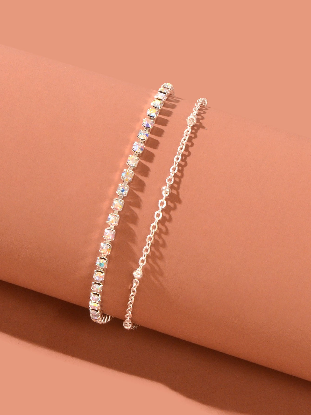 Summer Rhinestone Decor Double Layer Silver Chain Anklet Beach Foot Jewellery-2