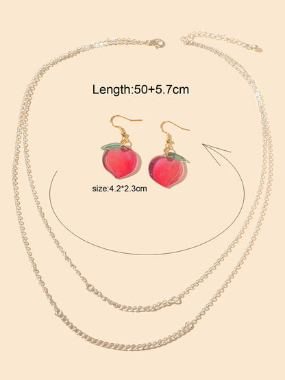 Jewelry set Double layer Silver Chain Necklace Pink Resin Peach Dangle Earrings-2
