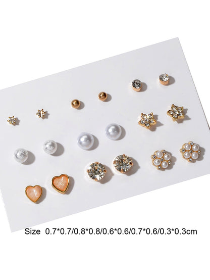 9 pairs Ladies Jewellery Shining Rhinestone Pearl Flower Heart Stud Earrings Set-2