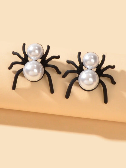 Faux Pearl Black Spider Stud Earrings Girls Costume Party Exaggeration Accessory-2