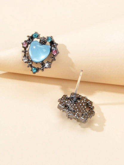 Retro Colorful Rhinestone Blue Opal Heart Love Gift Stud Earrings Female Jewelry-2