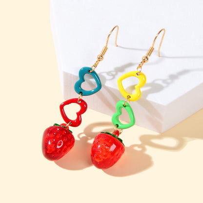 Colourful Heart Strawberry Earrings Long Dangle Drop Fruit Jewellery Funky Gift-3