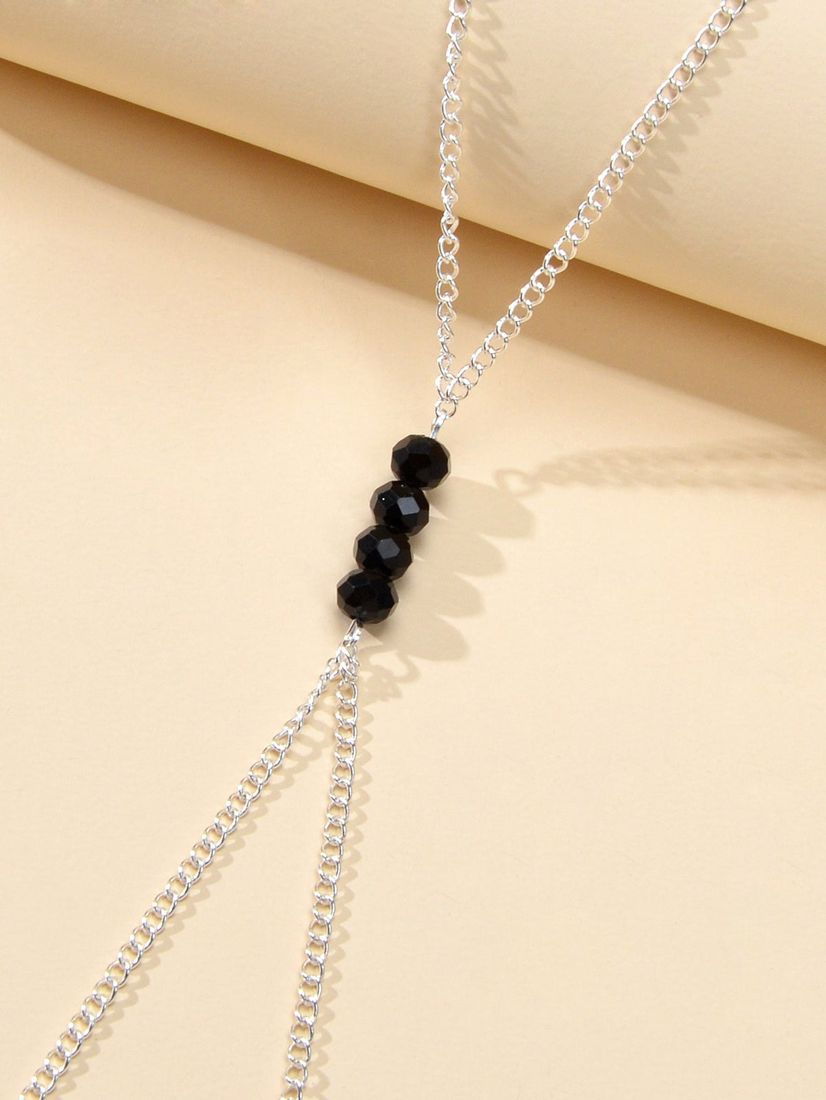 1pc Foot Beach Silver Chain Black Beads Anklet with Finger Ring Slave Bracelet-2
