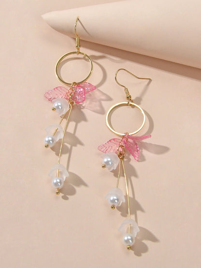 Charming Pearl Green Hotpink Resin Leaf Charm Gold Circle Dangle Women Earrings-2