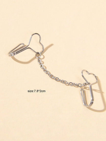 1pc Faux Lip Ear Nose Gold Silver Heart Chain Non Piercing Clip On Nose Ring-2