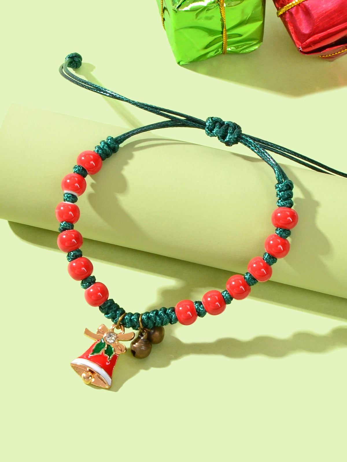 Xmas Gift Jewellery Green Braided Rope Red Beaded Bell Charm Adjustable Bracelet-2