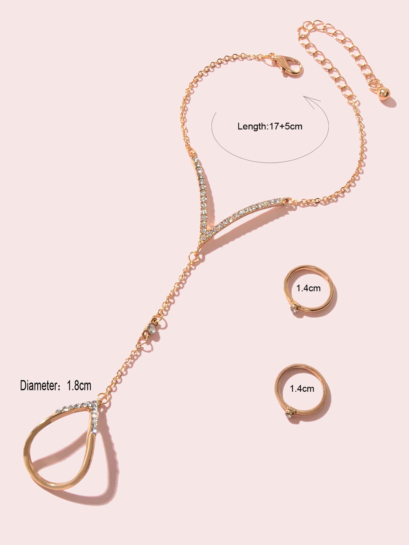 Jewellery set Rhinestone Decor Gold Chain Slave Bracelet and 2 pcs Knuckle Ring-3
