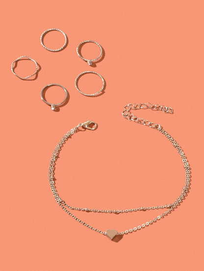 Silver Chain Anklet and Multiple Rings Set - Stylish Accessories Combo Jewellery-2