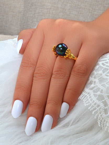 Anniversary Wedding Unique Blue Beads Gold Hand Dome Ring Retro Women Teens Band-2