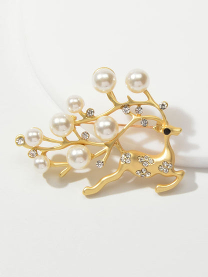 Christmas Pearl Rhinestone Gold Reindeer Brooch Deer Lapel Pin Dress Accessories-2