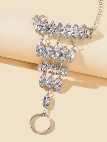 Luxury Full Crystal Silver Chain Slave Bracelet with Finger Ring Party Jewellery-2