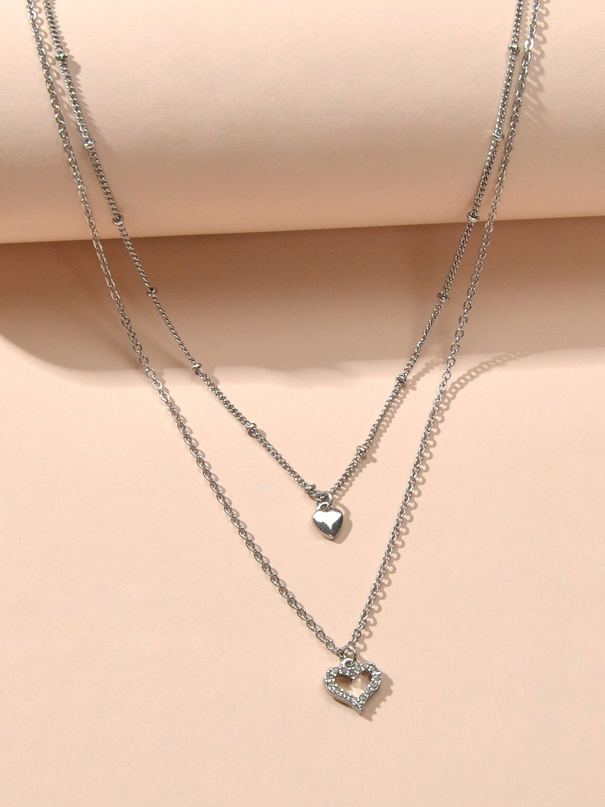 Trendy Jewelry Silver Double layer Chain Rhinestone Heart Pendant Women Necklace-2