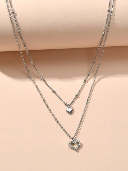 Trendy Jewelry Silver Double layer Chain Rhinestone Heart Pendant Women Necklace-2