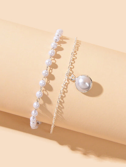 Double layer Gold Silver Chain Pearl Decor Anklet Foot Jewelry Beach Accessories-2