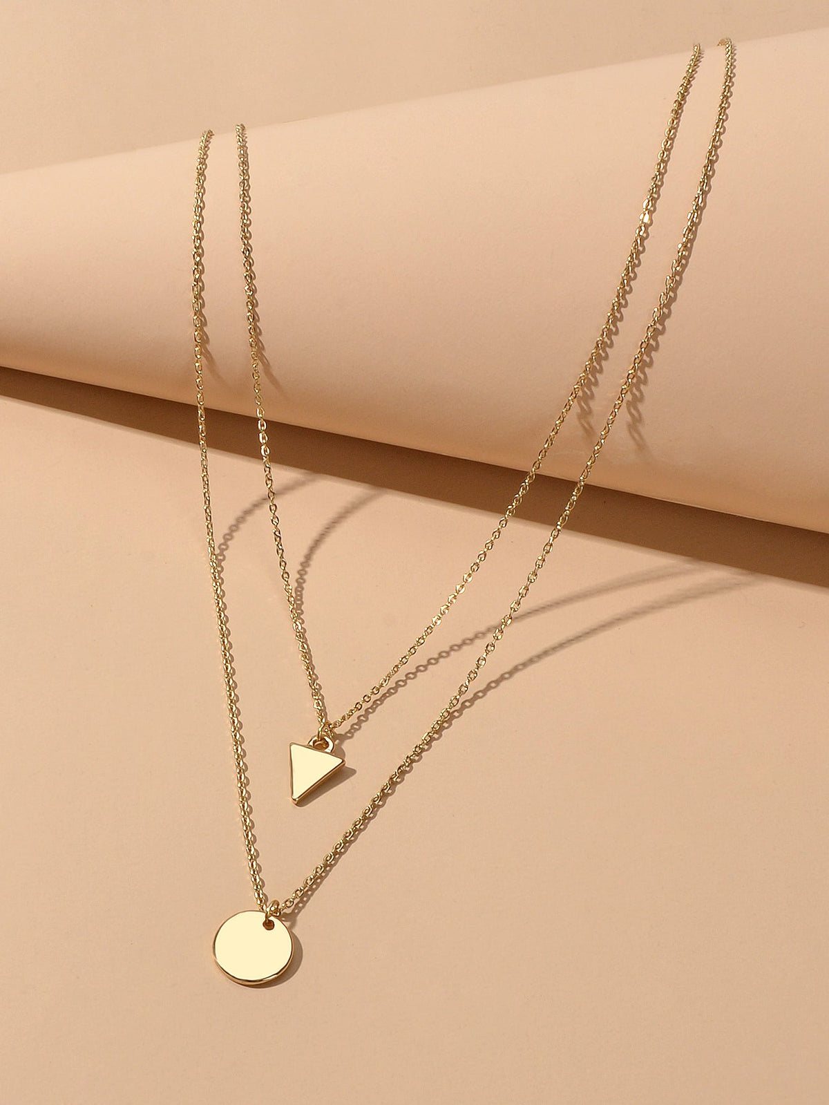 2pcs Minimalist Style Women Accessories Gold Chain Triangle Round Charm Necklace-2