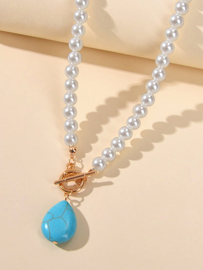 Retro Designer Bohemian Jewellery Simulated Pearl Chain Turquoise Charm Necklace-2