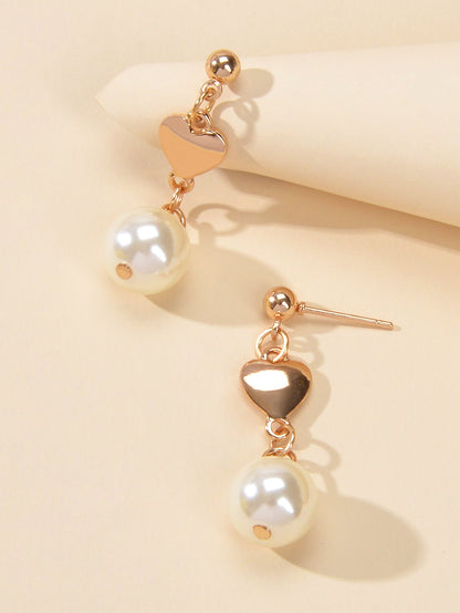 Anniversary Wedding Jewellery Simulated Pearl Decor Gold Heart Love Gift Earring-2