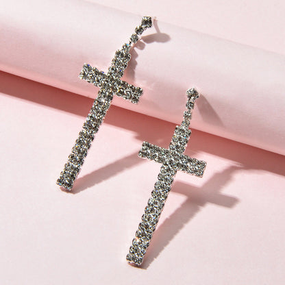 Female Jewellery Punk Shining Full Rhinestone Silver Cross Statement Earrings-2