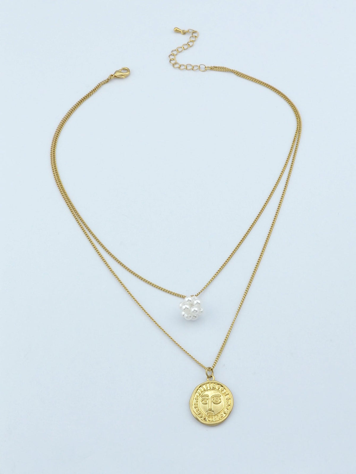 Personality Jewelry Double layer Gold Chain Pearl Ball Face Round Charm Necklace-2