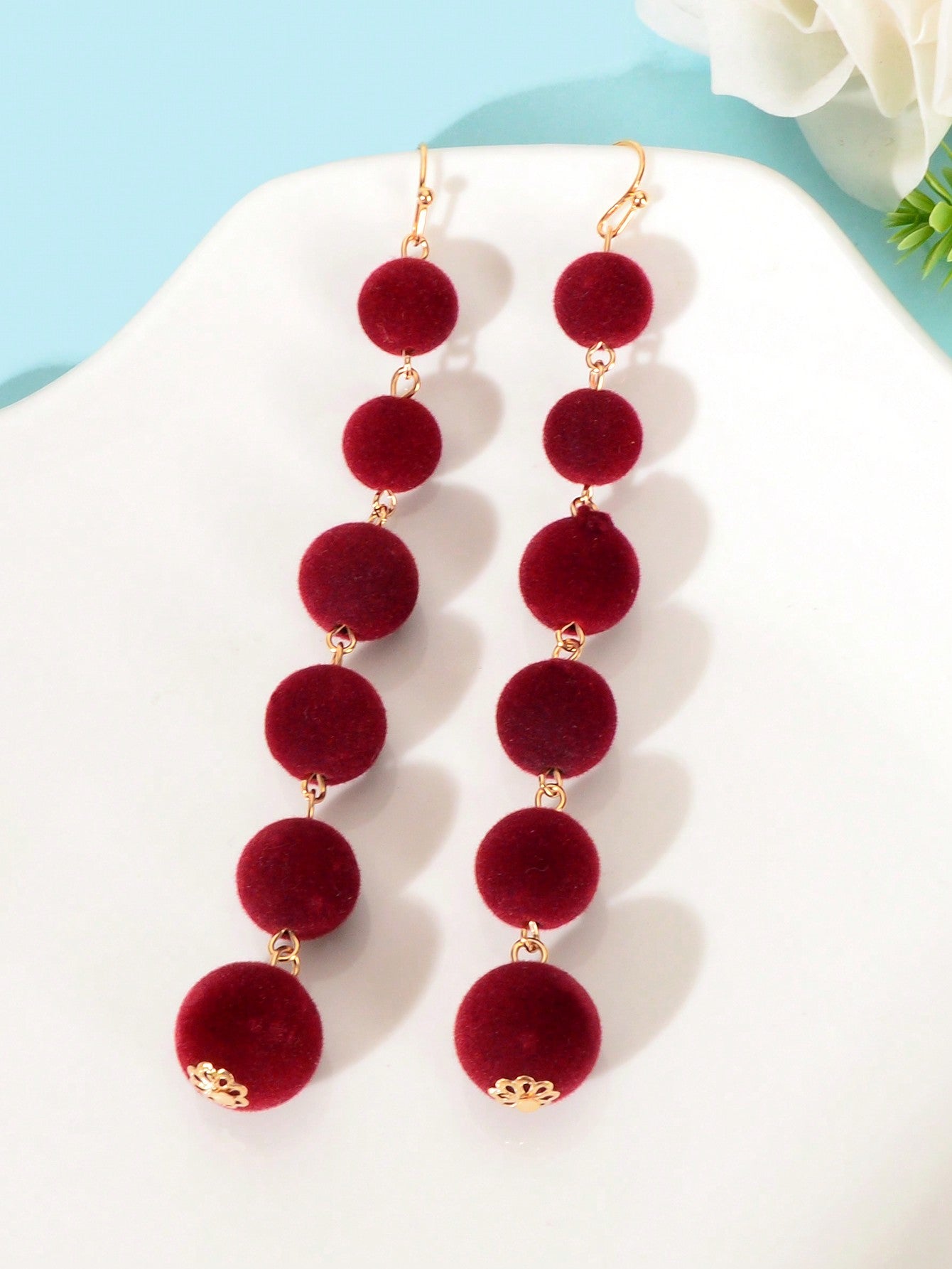 Burgundy Sphere Balls Pendant Earrings Double Layer Winered Heart Necklace Set-3